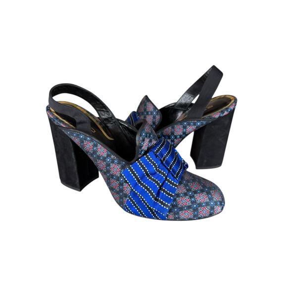 Etro Blue Bow Slingback Heels Sz 40 Brocade Suede Block Heels Made in Italy - Picture 1 of 8
